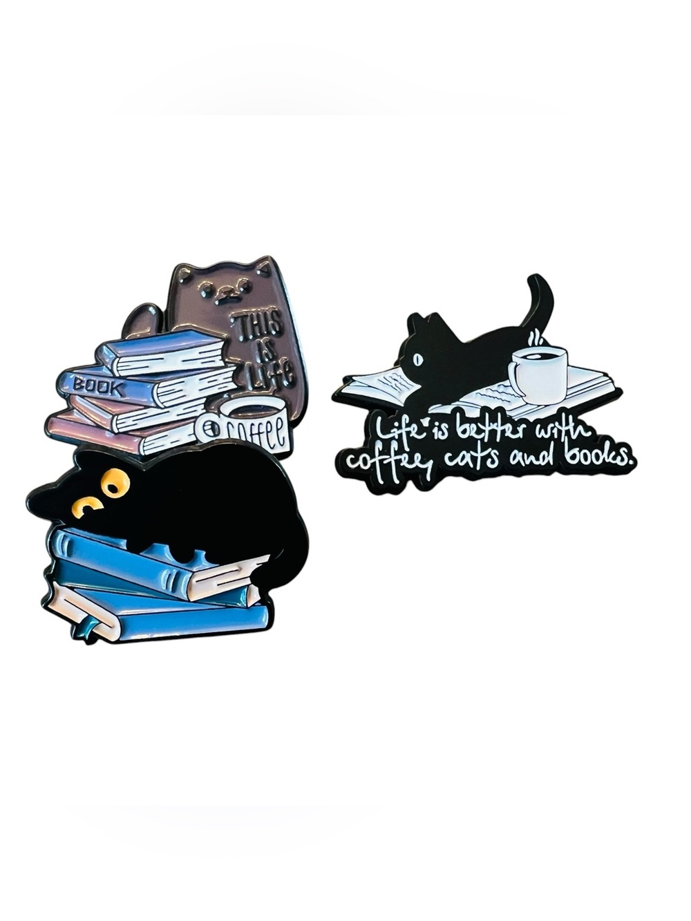 Cats, Coffee, and Books Enamel Pin Set - Life is better with…